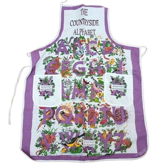 Countryside Alphabet Floral Animal Linen Kitchen Apron Cottagecore Prairie Style - Picture 1 of 2